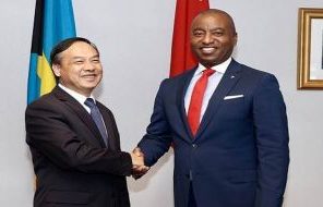 Minister of Foreign Affairs Darren Henfield (right) and the Chinese Ambassador to The Bahamas, His Excellency Huang Qinguo